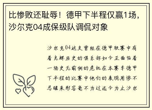 比惨败还耻辱！德甲下半程仅赢1场，沙尔克04成保级队调侃对象